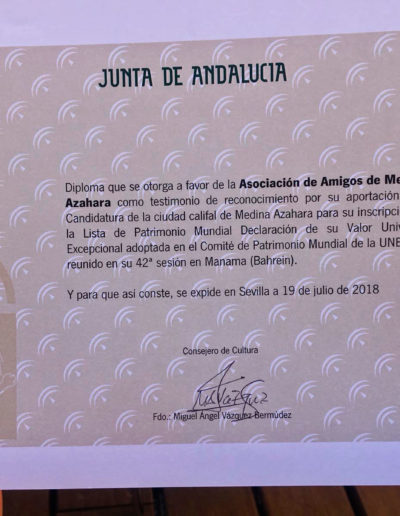 Diploma a Amigos de Medina Azahara por su apoyo a la candidatura a Patrimonio de la Humanidad